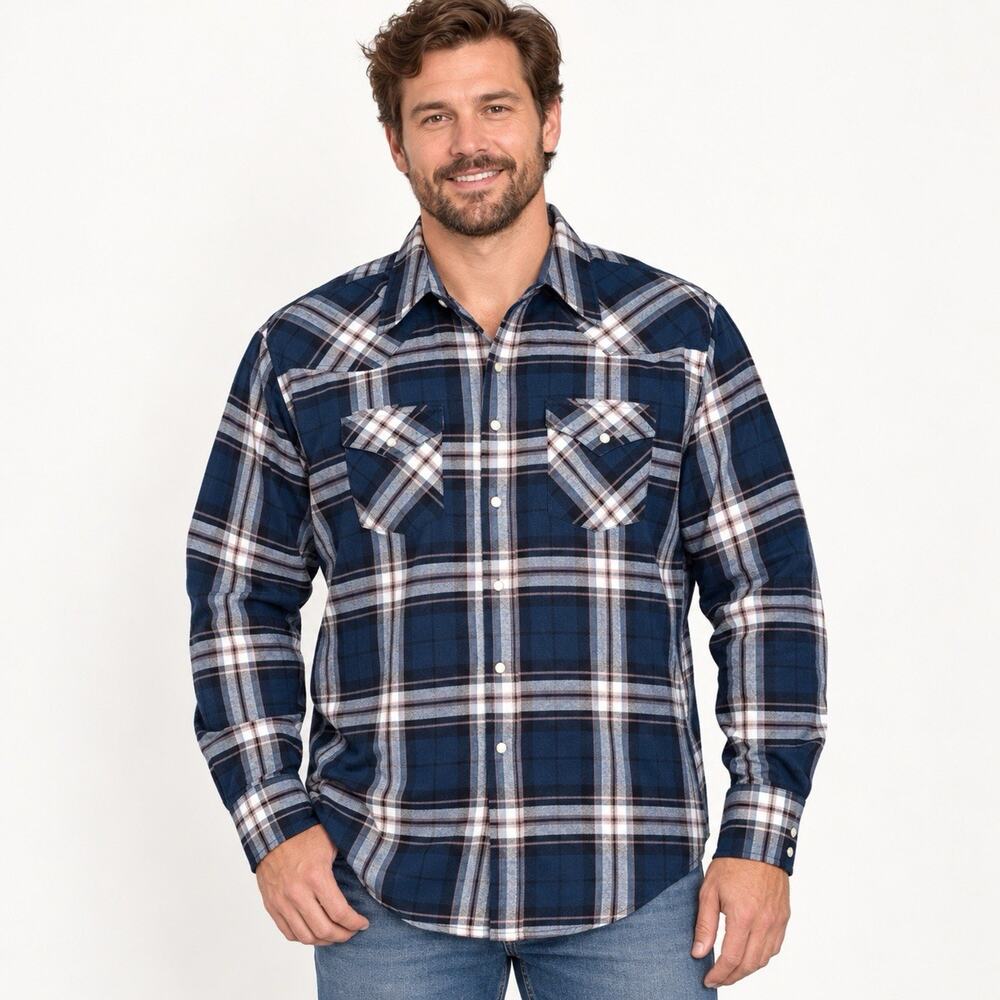 NWT ELY Cattleman Men’s XL Navy Plaid Pearl Snap Western Cowboy Shirt
